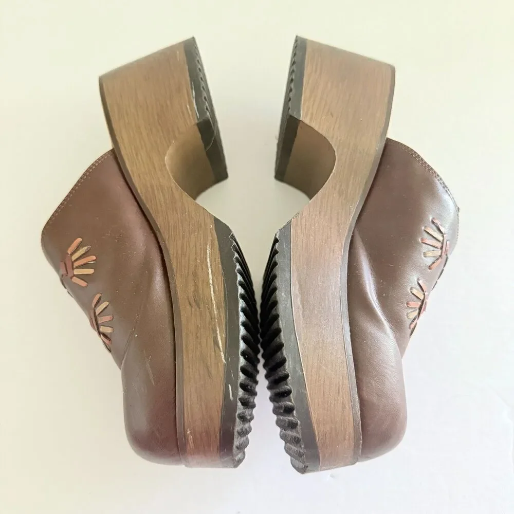 VTG Y2K Lower East Side Brown Faux Leather Chunky Clogs Sz 7.5 - Picture 6 of 8